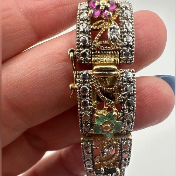 7.25" AMAZING 14k over 925, ruby, sapphire, emerald and diamond bracelet! - Picture 4 of 10
